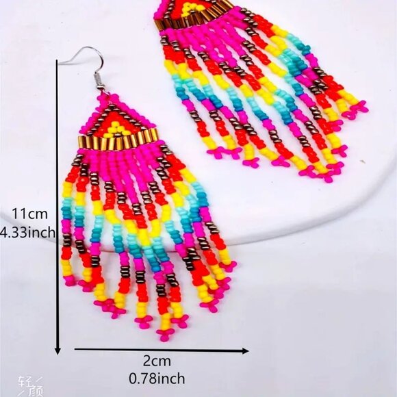Earrings Seed Beads Handmade Glass Colorful Dangle Rainbow Boho Trendy Stylish - Picture 3 of 3